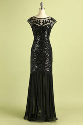 Black Cap Sleeves Flapper Long 1920s Evening Dress